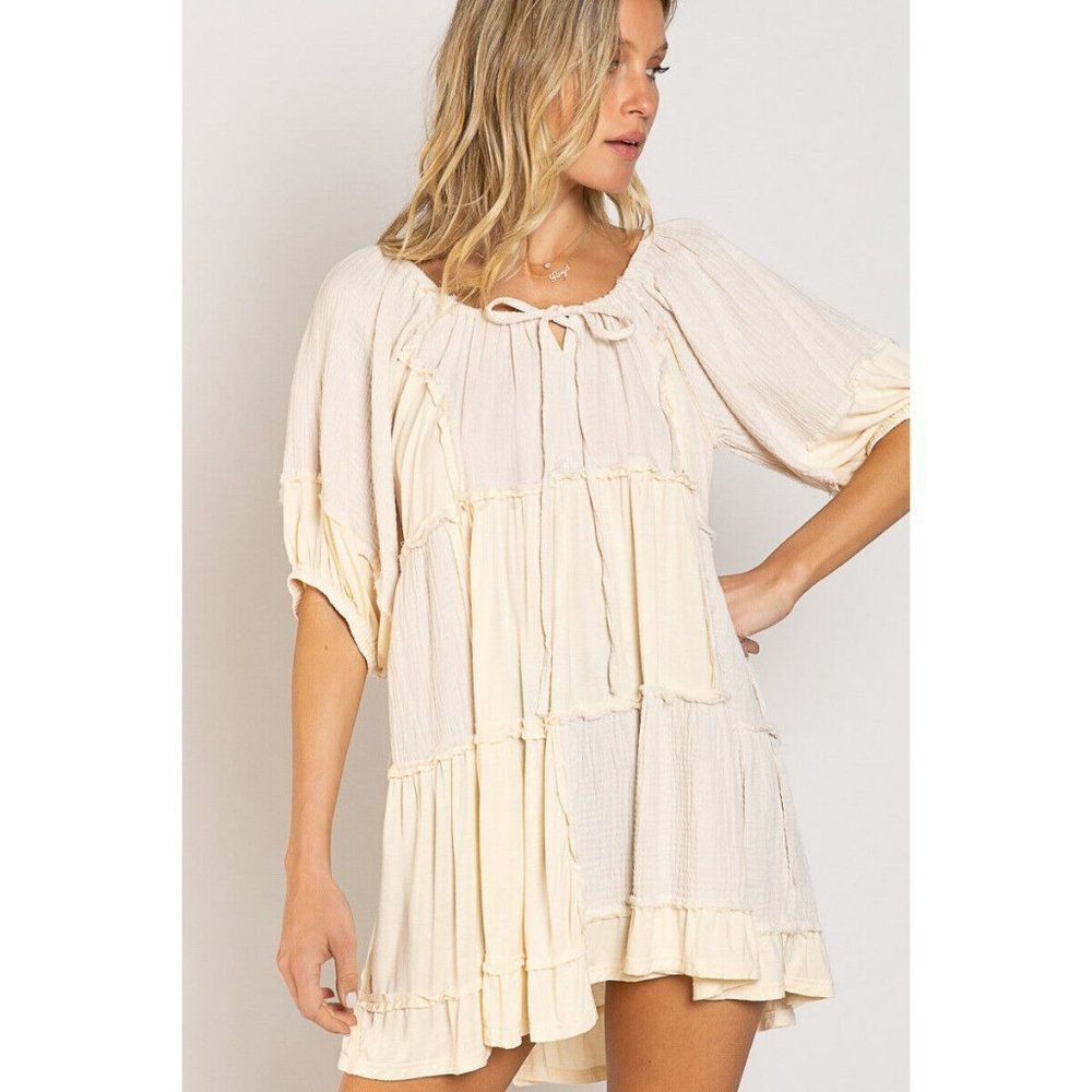 POL CLOTHING Baby Doll Boho Mini Dress Color Block Soft Cream Summer New MFT679A